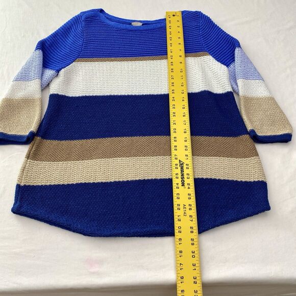 Chicos Striped Sweater 3/4 Sleeve Pullover Knit Blue White Tan Size XL 3 - Picture 7 of 8